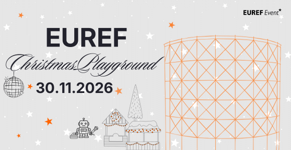 Grafik mit Gasometer und Weihnachtshütten und Schriftzug: EUREF Christmas Playground, 30.11.2026.