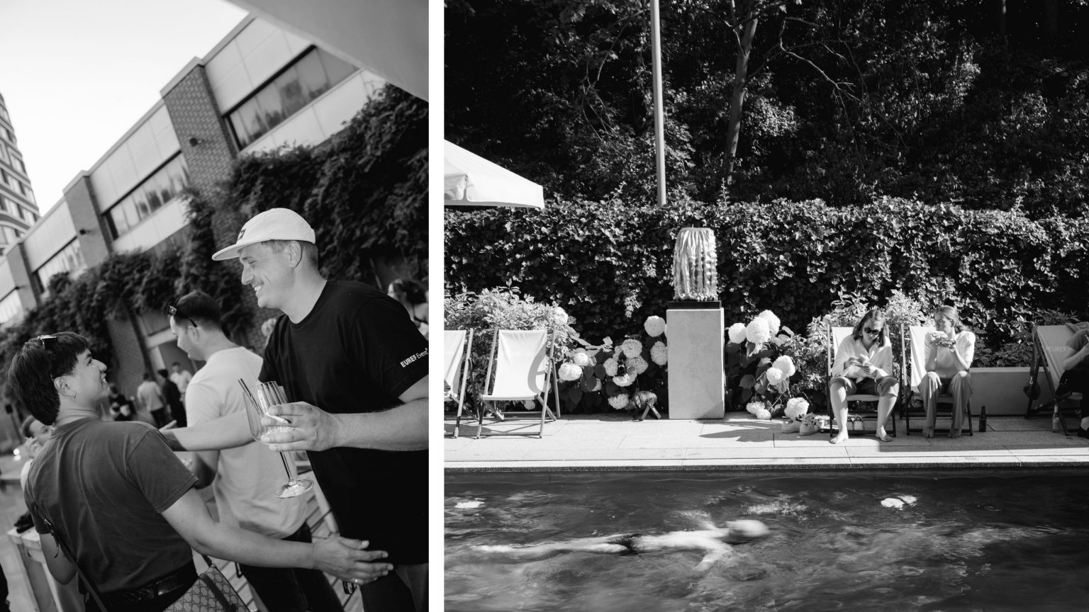 Zwei Bilder in schwarz und weiß, Gäste, die sich anlachen und ein Schwimmer im Pool