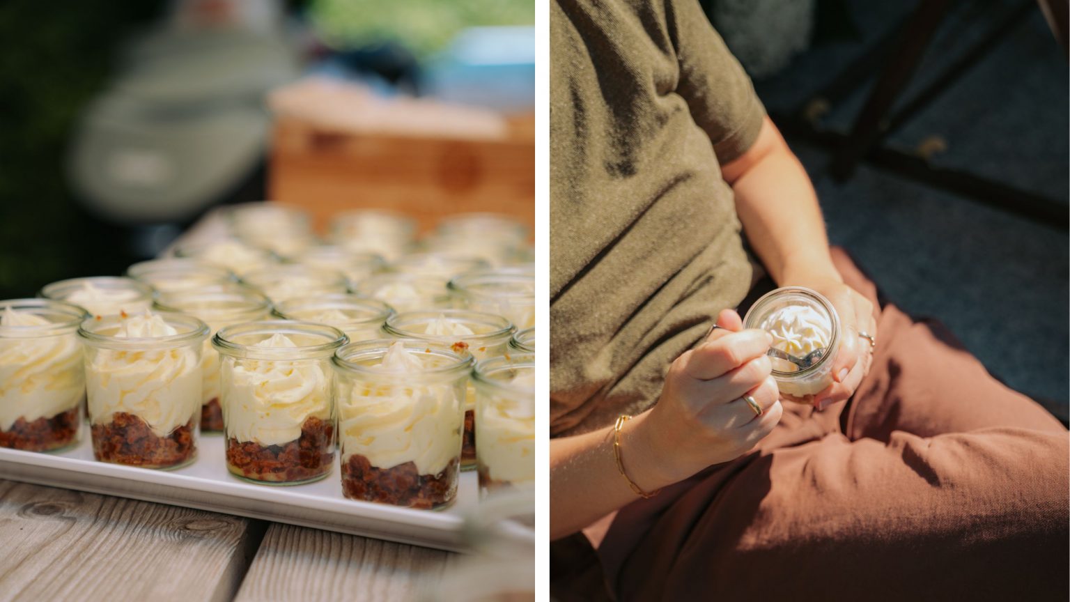 Zwei Bilder mit Dessertgläsern, einmal arrangiert auf dem Tisch und einmal in der Hand einer Gästin