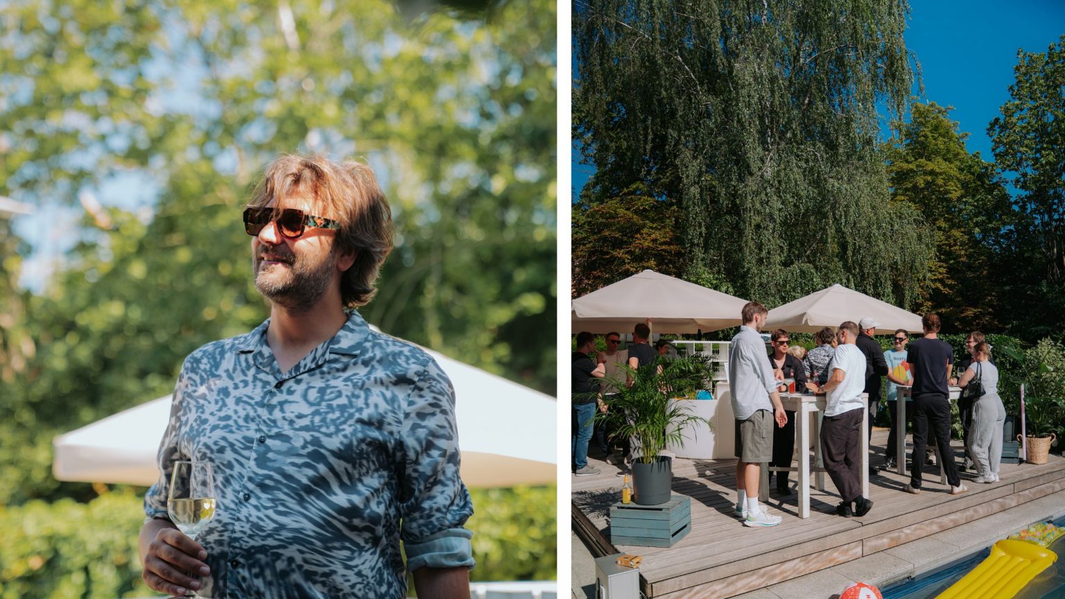 Zwei Bilder von Gästen.: eine Nahaufnahme eines Gastes mit Sonnenbrille und Getränk in der Hand, das andere zeigt Gäste an Stehtischen neben dem Pool