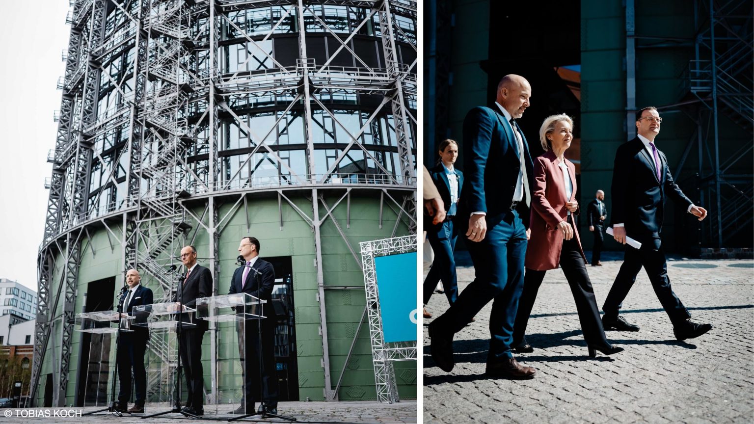 Bundeskanzler Friedrich Merz, Jens Spahn, Ursula von der Leen und Alexander Hoffmann laufen zur Pressekonferenz über den Plaza, es sind Nahaufnahmen.